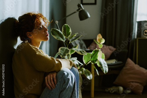 Woman in casual clothes sitting on floor, leaning on wall and immersed intro thoughts