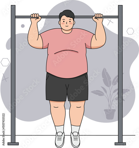Overweight man doing pull up exercise on horizontal bar at home fitness training vector illustration 