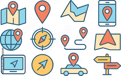 A set of thin line web icons for navigation, location, and GPS elements is presented as an outline icons collection in a simple vector illustration