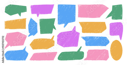 A set of chalk or pencil boxes for text, memo or advertisements. Bright textured speech bubbles. Hand-drawn design elements.