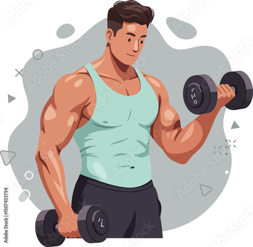 Muscular man lifting dumbbells for strength training workout and fitness exercise vector illustration 