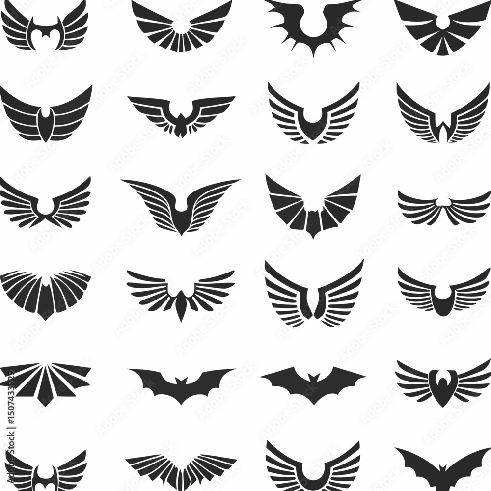 Obraz premium Wing logo designs, vector wing set. Artistic wing illustrations including eagle, angel, bird, bat, and minimalist icons for tattoos, emblems, branding, or fantasy-themed projects.