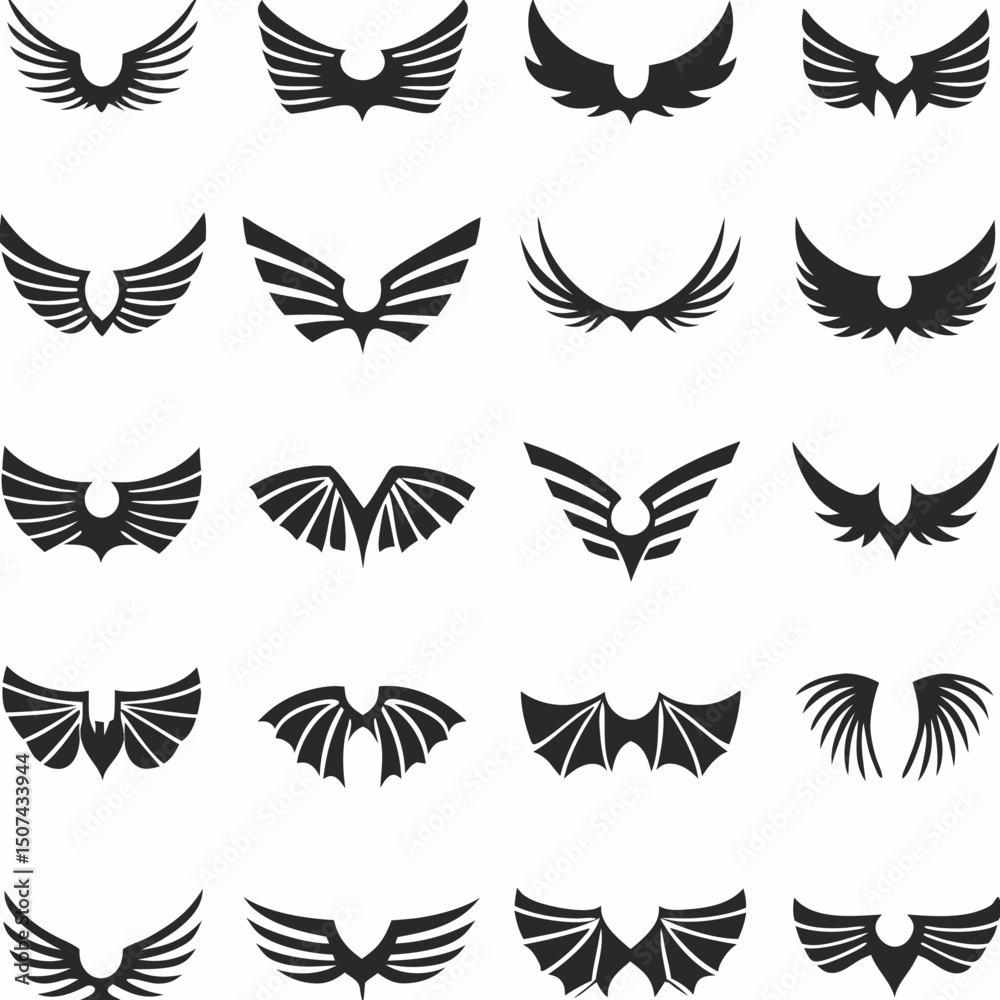Obraz premium Wing logo designs, vector wing set. Artistic wing illustrations including eagle, angel, bird, bat, and minimalist icons for tattoos, emblems, branding, or fantasy-themed projects.