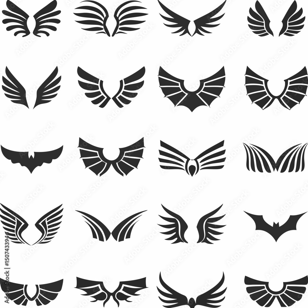 Fototapeta premium Wing logo designs, vector wing set. Artistic wing illustrations including eagle, angel, bird, bat, and minimalist icons for tattoos, emblems, branding, or fantasy-themed projects.