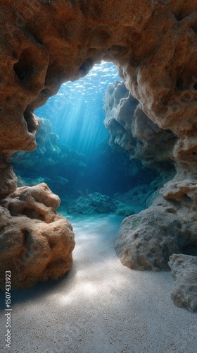 Underwater view from a sandy cave opening sunlight streams through the water