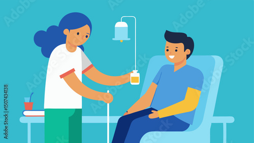 Nurse Administering IV A friendly nurse is gently inserting an IV needle into the arm of a relaxed patient who is sitting comfortably in a chair surrounded by soft lighting.