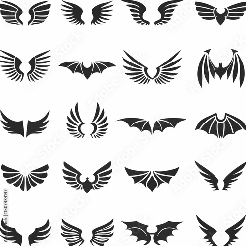 Wing logo designs, vector wing set. Artistic wing illustrations including eagle, angel, bird, bat, and minimalist icons for tattoos, emblems, branding, or fantasy-themed projects.