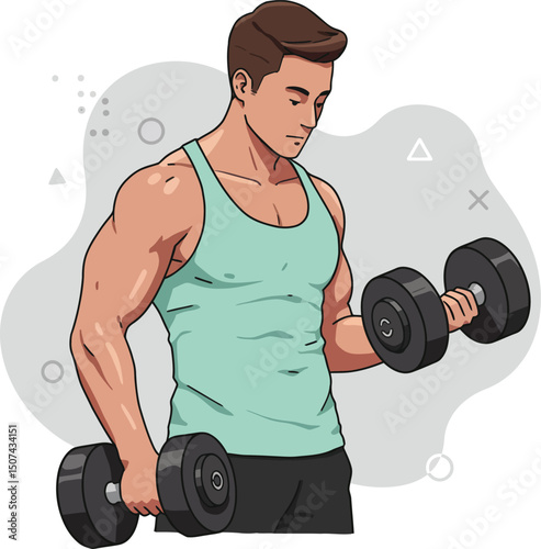 Muscular man lifting dumbbells in tank top exercising strength training workout vector illustration 