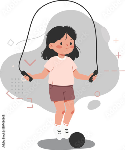 Girl skipping rope with black ball and playful expression in casual clothes vector illustration