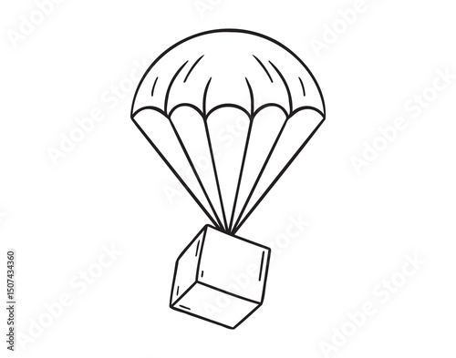 parachute package cargo delivery icon doodle hand drawn. Outline parachute package line drawing clipart symbol