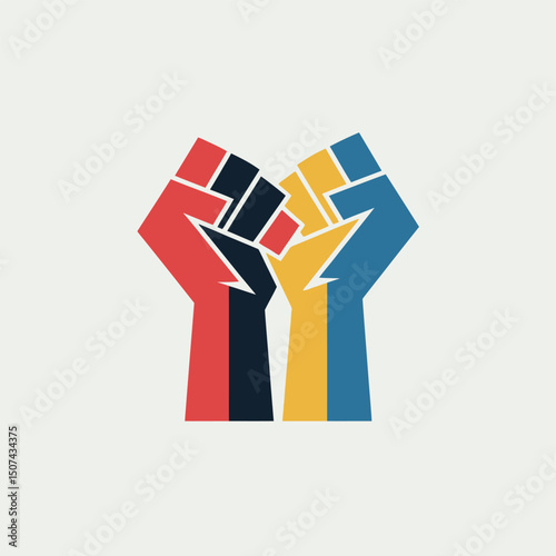 Raised fists in red, black, yellow, and blue colors on white