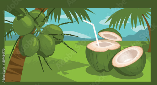 set green coconut. drinking coconut. A tropical fruit. coconut grew on a palm tree. coconut milk. an exquisite cocktail. a fruit painted in a flat style. vector. delicious milk.