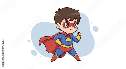 Young boy dressed as superhero with red cape and mask ready to fight imaginary battles in playful stance 