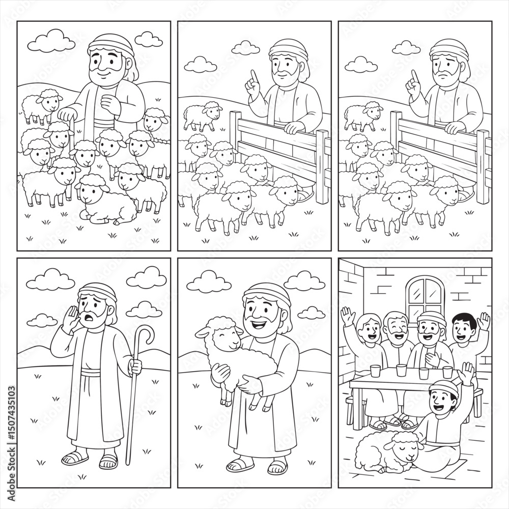 Jesus'  Parabole of the Shepherd and the Lost Sheep Coloring Pages for Bible Class and Sunday School