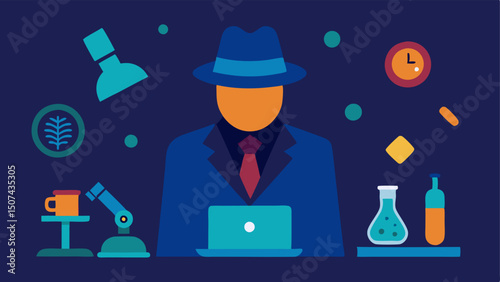 Evidence on the Table The detective stands in a dimly lit room filled with tered evidence like fingerprints hair strands and a notepad with the microscope at the center of