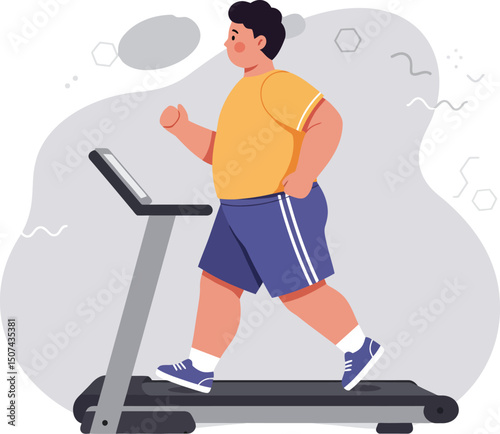 Overweight boy walking on treadmill exercising indoors for fitness and health improvement vector illustration 