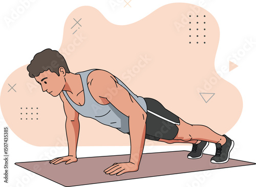 Man doing push-ups exercise workout on yoga mat for fitness training and strength building indoors 