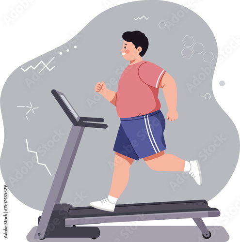 Overweight boy running on treadmill exercising indoors for health and fitness improvement vector illustration 