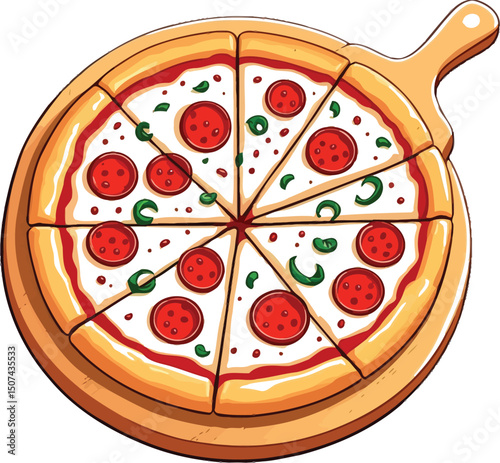 Delicious Pepperoni Pizza with Green Peppers on Wooden Board – Perfect for Food Photography, Restaurant Menus, and Gourmet Inspiration