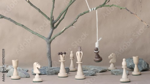 chess piece black pawn hanging on noose among white chess pieces on beige background