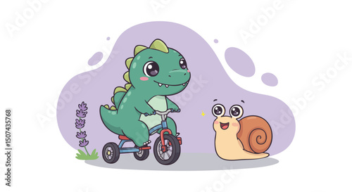 Cute green dinosaur riding tricycle next to happy snail with lavender flowers and purple background illustration 