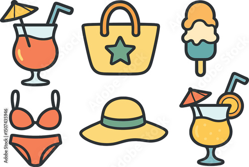 A set of adorable vector stickers for a daily planner, featuring summer-themed elements, is available, including items for a beach party such as cocktails, bags, ice cream, bikinis, and beach hats
