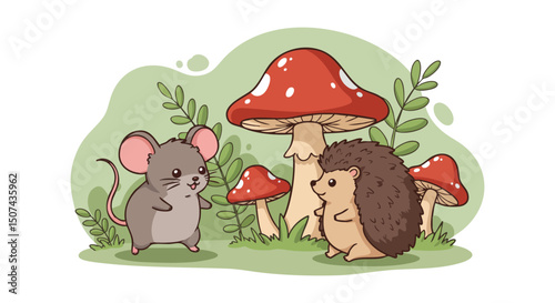 Mouse and hedgehog near red spotted mushrooms in green grassy forest clearing cute wildlife scene 