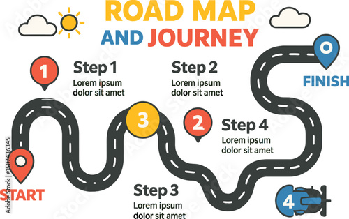 Template for road map and journey route infographics, featuring a winding road timeline illustration in flat vector style, available in Eps 10 format