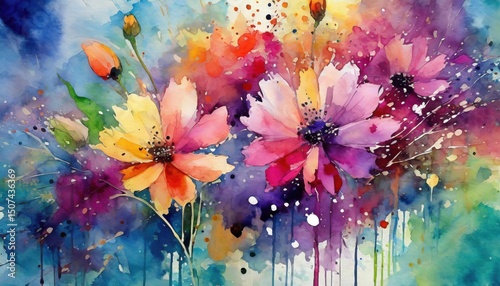 Fototapeta Naklejka Na Ścianę i Meble -  Beautiful watercolor flowers in full bloom with colorful petals and splashes on a vibrant background