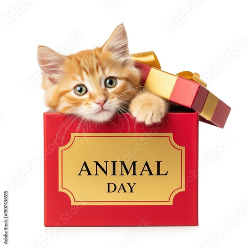 Kitten in Gift Box Celebrating Animal Day on White Background