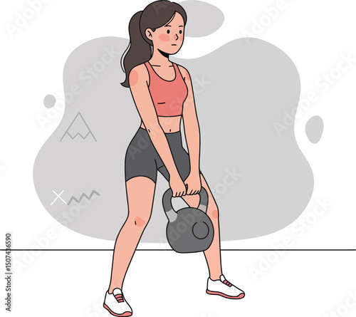 Woman exercising with kettlebell in fitness workout for strength training and healthy lifestyle vector illustration