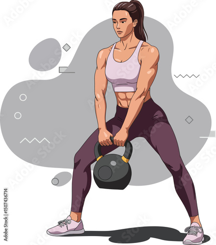 Woman exercising with kettlebell strength training workout fitness routine illustration vector 
