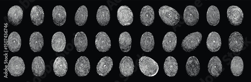 Fingerprint Collection: A high-contrast monochrome illustration showcases a set of detailed fingerprint whorls, perfect for forensic, security, or identity design.