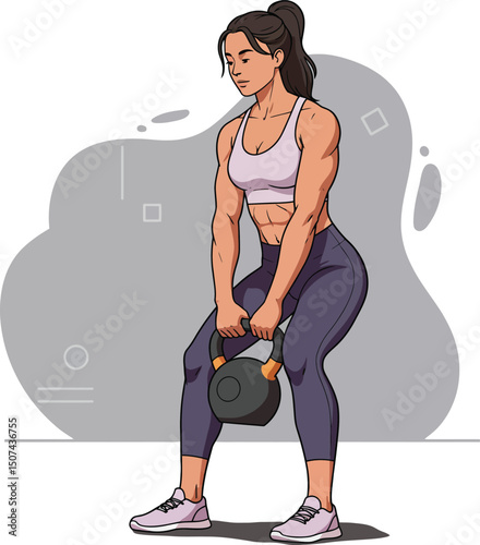Woman exercising with kettlebell for fitness workout strength training vector illustration 