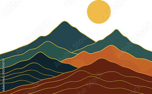 mountain and golden line arts background vector’ is rephrased as a luxurious oriental landscape with watercolor and gold accents for wallpaper and wall art