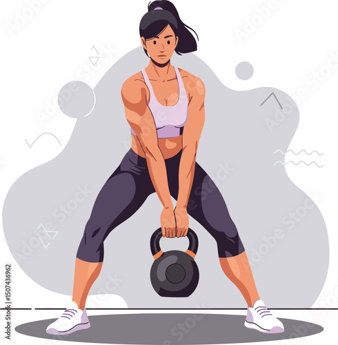 Woman exercising with kettlebell workout fitness training gym strength and health active lifestyle vector illustration 