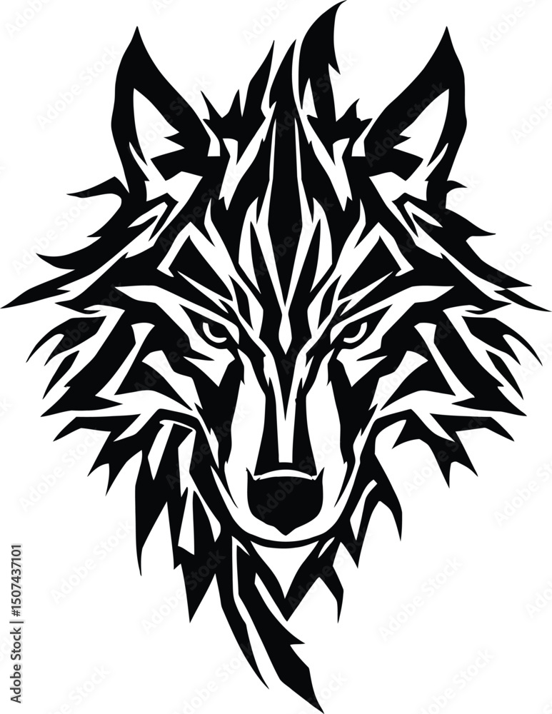 Fototapeta premium Powerful Wolf Head Illustration – Striking Black & White Vector Art with Sharp Details for Tattoos, Logos, Prints & Branding