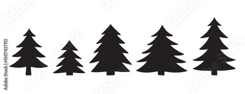 silhouette Christmas trees set. Hand drawn forest decorative element. Doodle silhouette trees for New Year and Christmas
