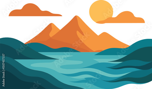 Vector illustration postcard showcasing abstract geometric banners featuring mountains, lakes, and waves in a minimalist landscape design