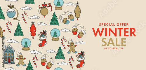 Christmas sale, pattern. Hand drawn illustration.