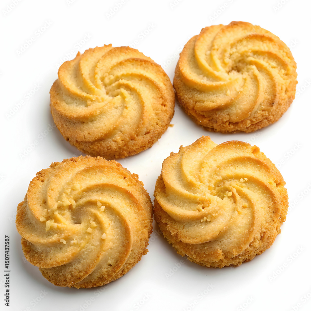 A group of golden-baked Danish butter cookies with a buttery, crumbly texture, displayed clearly against a pure white background. A group of golden-baked Danish butter cookies with a buttery, crumbly texture, displayed clearly against a pure white background.