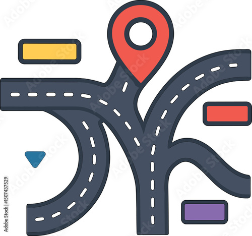Vector illustration on white background featuring a roadway with pin and a road junction map as an infographic element in bright colors