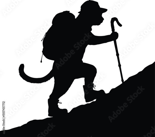 Silhouette Vector of Hiking Cat with Backpack and Walking Stick.