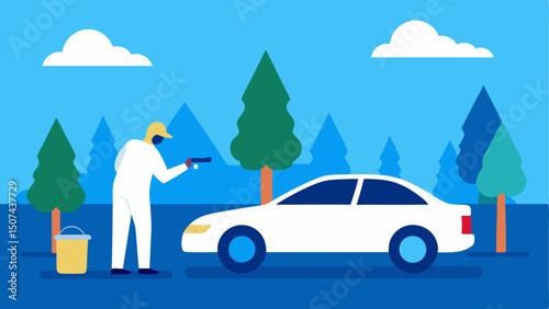 Daylight Investigation A bright sunny day scene illustrating the forensic expert dusting a silver car with trees and a blue sky in the background.