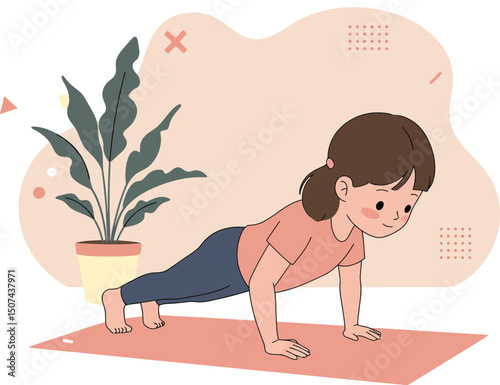Woman practicing plank exercise on yoga mat with indoor plant in minimalistic setting vector illustration 