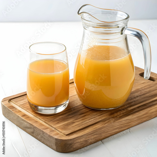 A clear glass and jug filled with vibrant, fresh orange juice sit atop a rustic wooden board