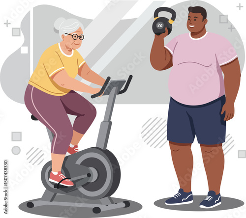 Senior woman exercising on stationary bike with personal trainer holding kettlebell in fitness gym environment vector illustration 