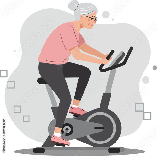 Elderly woman exercising on stationary bike for fitness and health in casual outfit vector illustration 