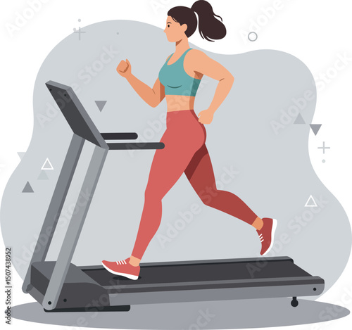 Woman running on treadmill indoor fitness exercise healthy lifestyle activity vector illustration 