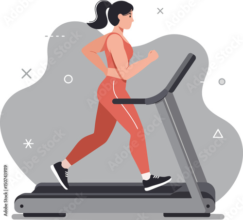 Woman running on treadmill indoor fitness exercise healthy lifestyle cardio workout vector illustration 